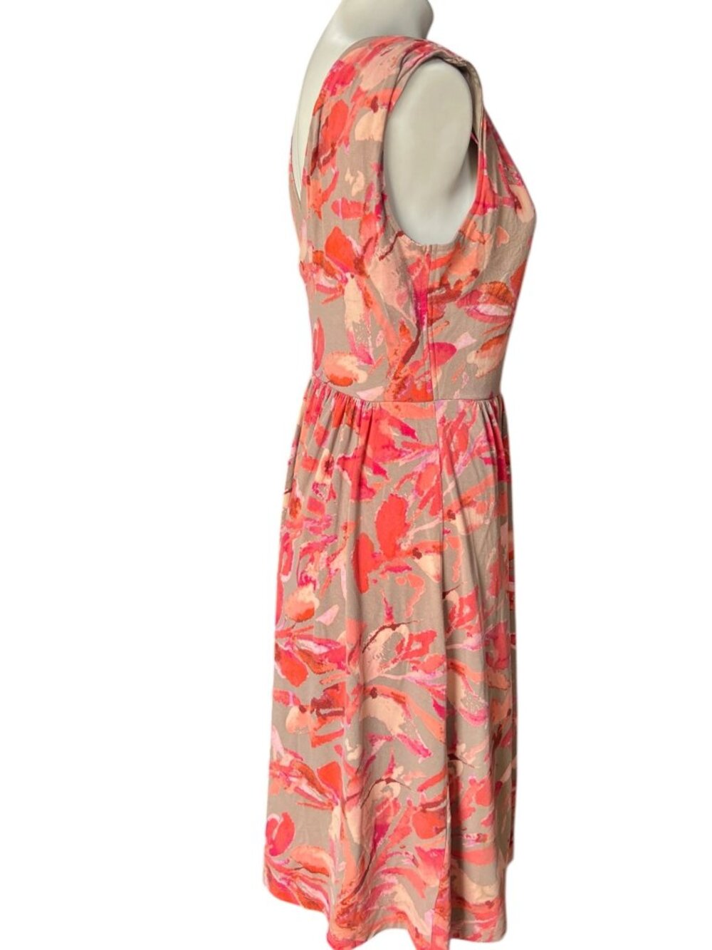 Ann Taylor Coral & Beige Abstract Print Sleeveless V-Neck Midi Dress Size M - Picture 5 of 10